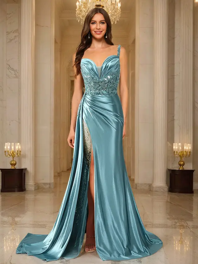 Trumpet/Mermaid Spaghetti Straps Ruched Long Evening Dresses with Split Side & Appliques