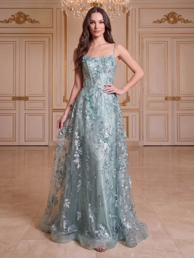 A-Line/Princess Spaghetti Straps Sleeveless Floor-Length Evening Dresses with Applique