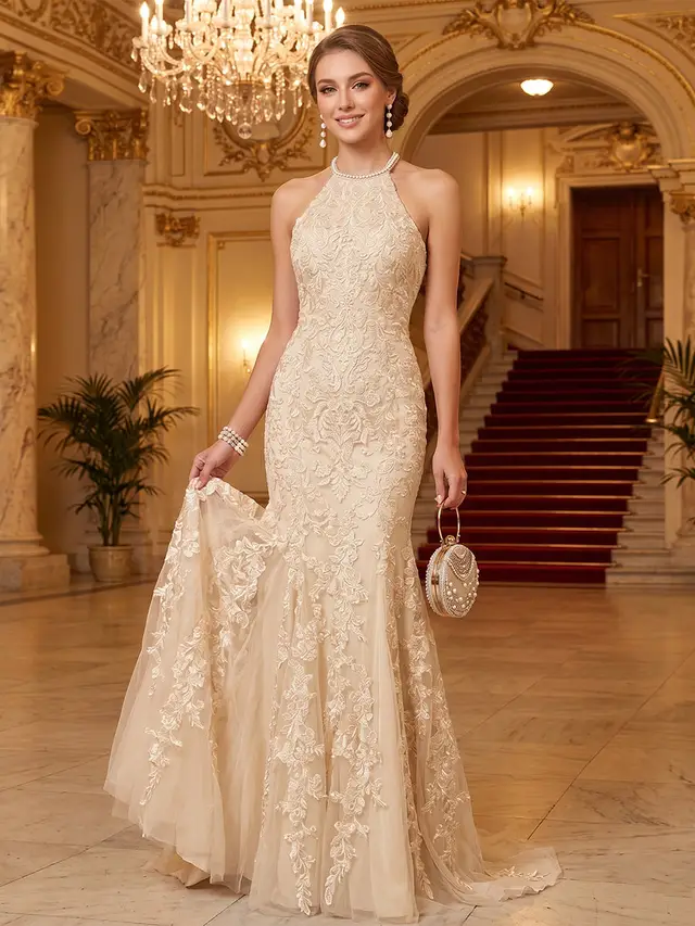 Trumpet/Mermaid Halter Sleeveless Applique Prom Dresses