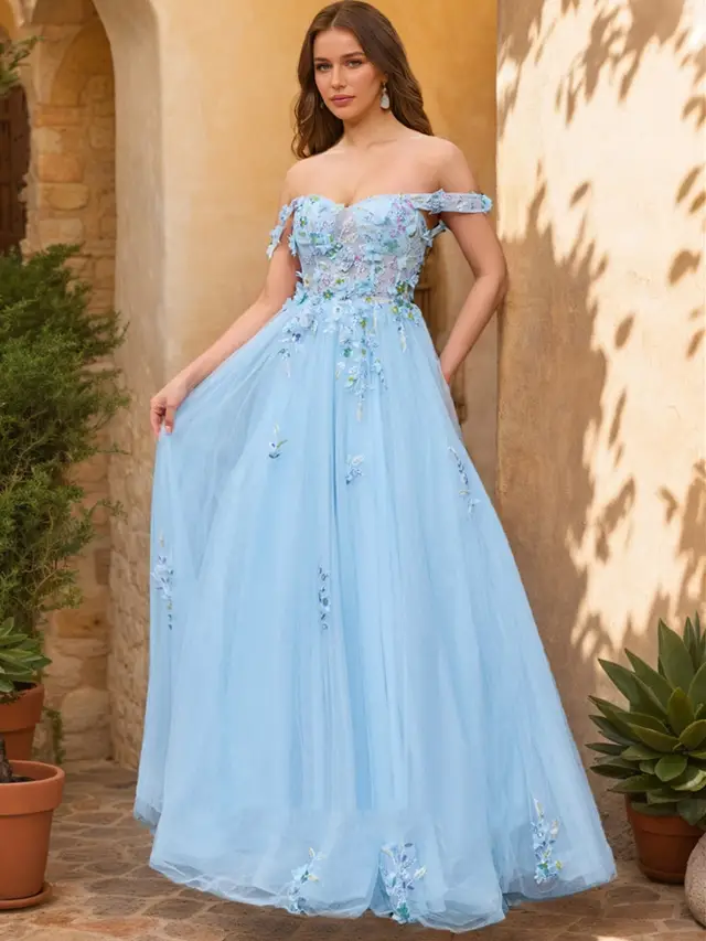 Ball Gown Off the Shoulder Short Sleeves Applique Prom Dresses