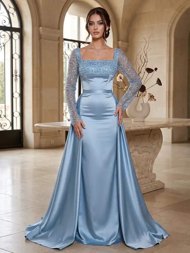 Sheath/Column Square Neck Long Sleeves Floor-Length Evening Dresses with Sequins & Beading