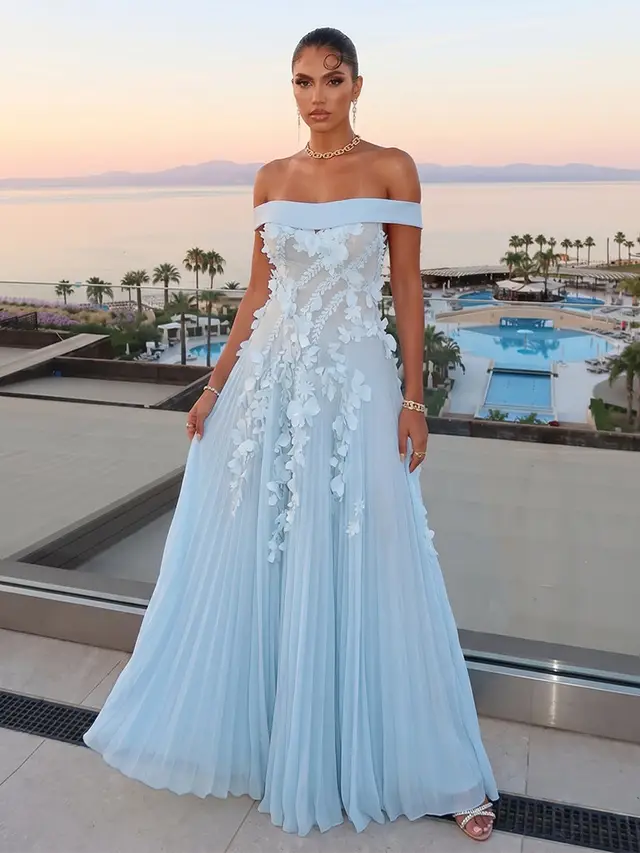 A-Line/Princess Off-The-Shoulder Sleeveless Floor-Length Evening Dresses with 3D Floral & Pleated — LV98096130