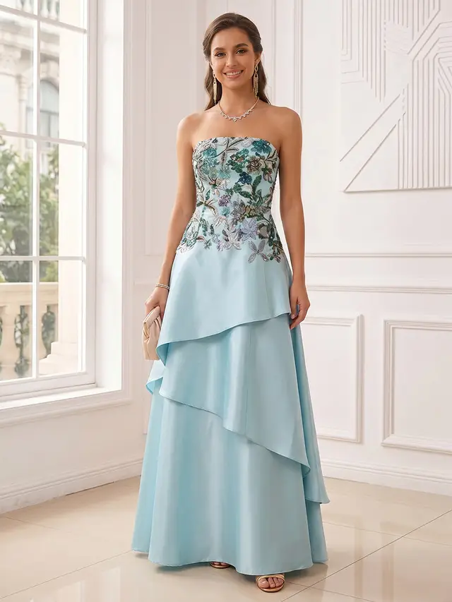 A-Line/Princess Strapless Sleeveless Floor-Length Evening Dresses with Ruffles & Appliques