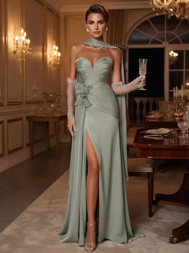 Trumpet/Mermaid Strapless Sweetheart Long Evening Dresses with 3D Floral & Split Side