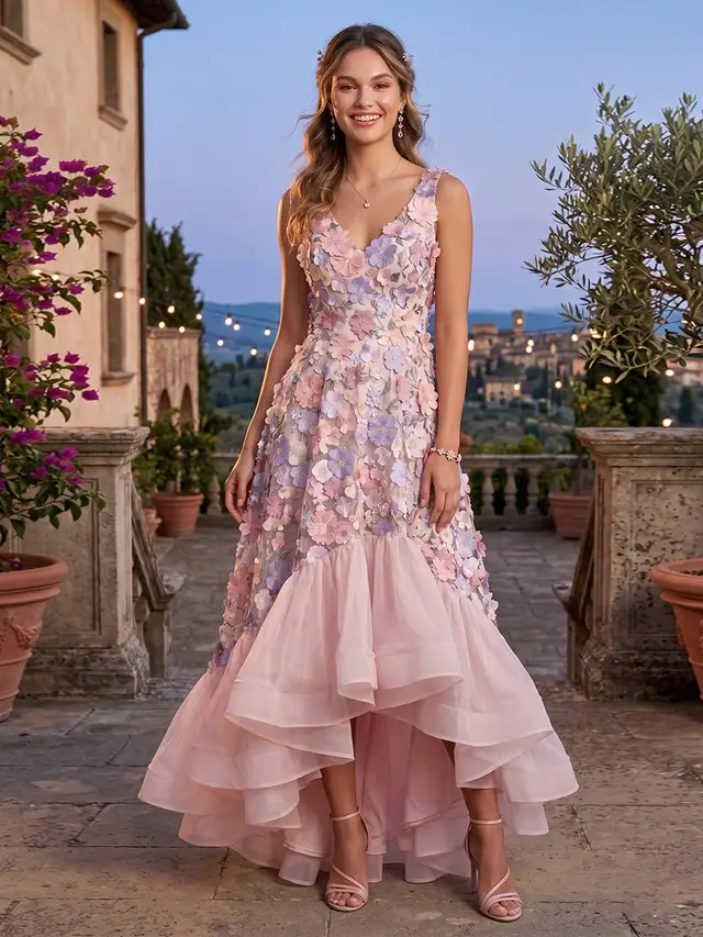 A-Line/Princess V-Neck Sleeveless Asymmetrical Evening Dresses with Ruffles & 3D Floral