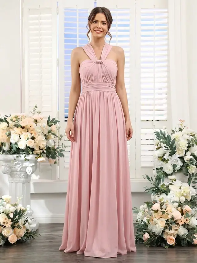 A-Line/Princess V-Neck Sleeveless Floor-Length Bridesmaid Dresses with Ruched