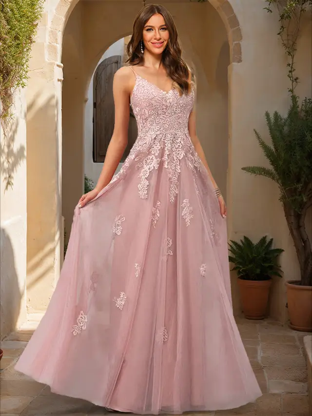 A-Line/Princess V-Neck Sleeveless Applique Prom Dresses — LV00896770