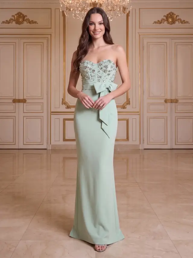 Sheath/Column Sweetheart Strapless Sleeveless Floor-Length Evening Dresses with Bowknot & Beading
