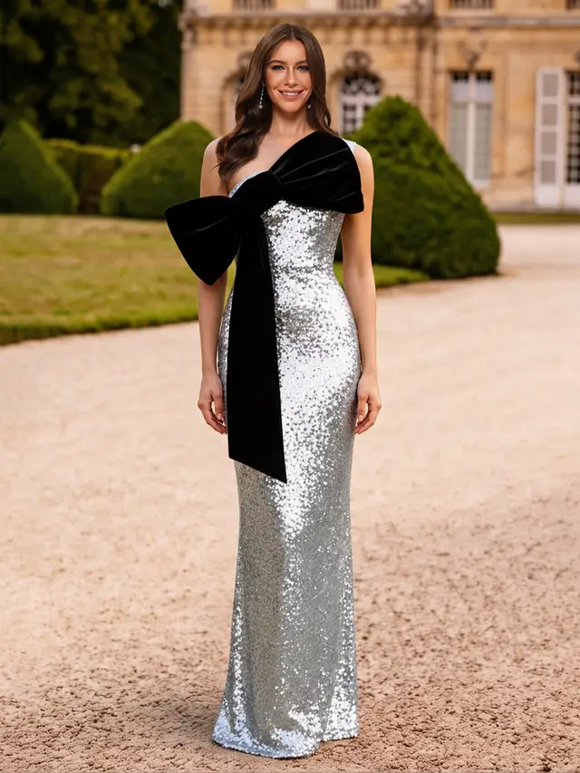 Trumpet/Mermaid Strapless Floor-Length Long Prom Dresses with Bowknot & Sequins