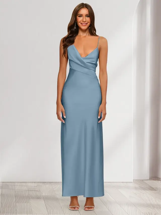 Sheath/Column V-Neck Ruched Ankle-Length Satin Evening Dresses