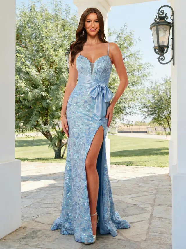 Trumpet/Mermaid Spaghetti Straps Sleeveless Long Prom Dresses with Split Side & Appliques — LV36540418