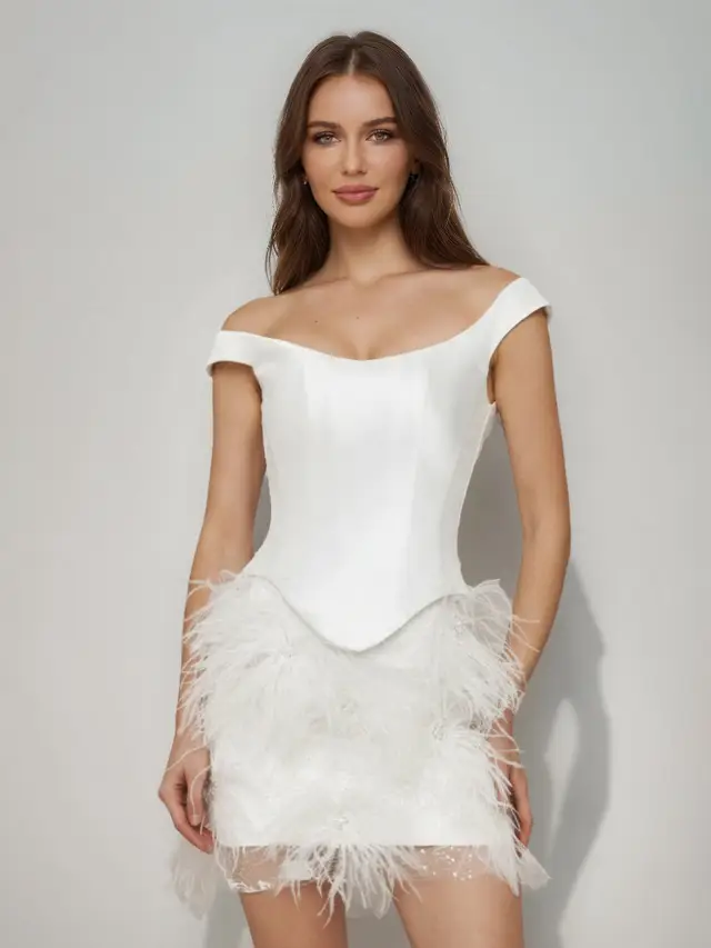 Sheath/Column Off-the-Shoulder Short Sleeves Basque Waist Prom Dresses with Feather