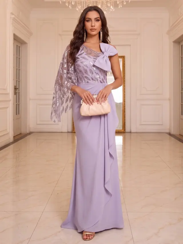 Trumpet/Mermaid Scoop Asymmetrical Floor-Length Evening Dresses with Ruffles & Bowknot