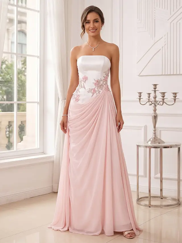 Sheath/Column Strapless Sleeveless Floor-Length Evening Dresses with Applique & Pleats