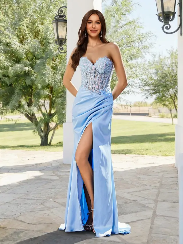 Sheath/Column Sweetheart Sleeveless Long Prom Dresses with Appliques & Split Side