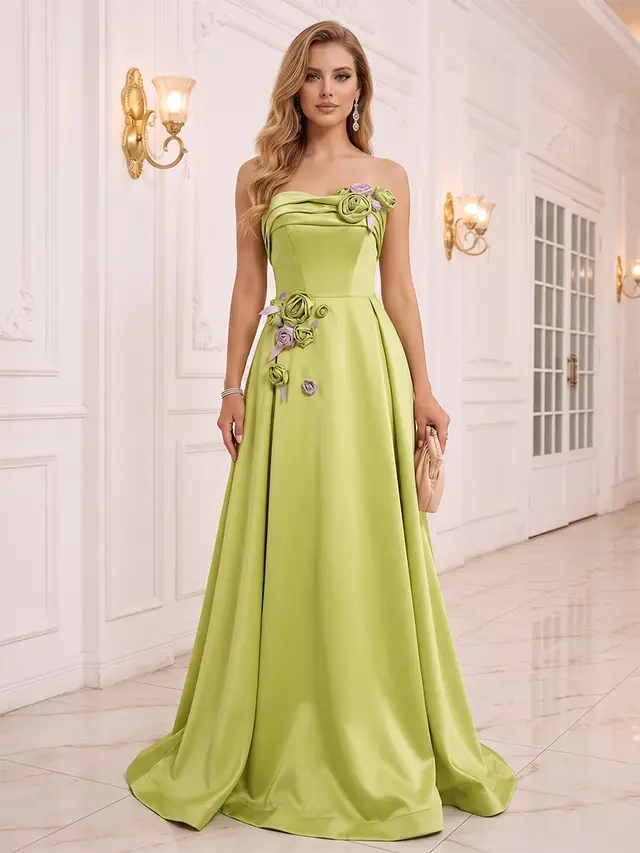 A-Line/Princess Strapless Sleeveless Floor-Length Evening Dresses with Ruched & 3D Floral