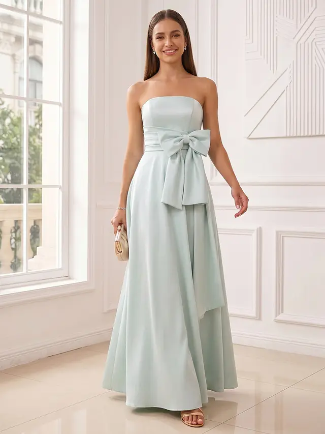A-Line/Princess Strapless Sleeveless Floor-Length Evening Dresses with Bowknot & Ruched