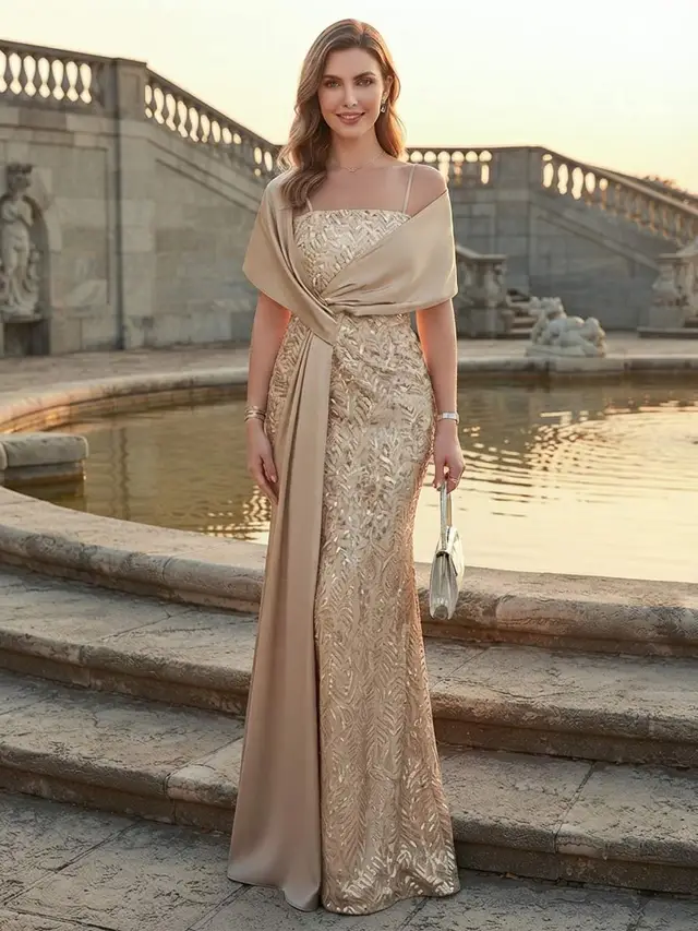 Sheath/Column Spaghetti Straps Sleeveless Floor-Length Mother of the Bride Dresses With Sequins & Applique