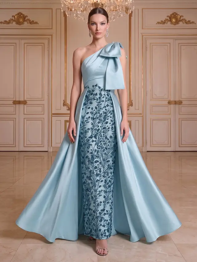 Trumpet/Mermaid One-Shoulder Sleeveless Floor-Length Evening Dresses with Bowknot & Embroidery
