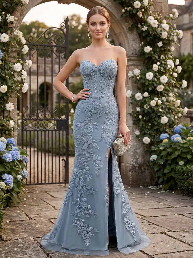 Trumpet/Mermaid Sweetheart Pleated Tulle Long Evening Dresses with Side Slit & Appliques