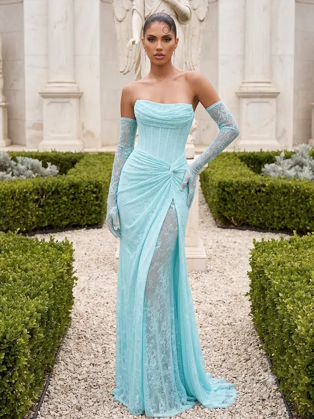 Trumpet/Mermaid Strapless Sleeveless Floor-Length Evening Dresses with Lace & Split Side