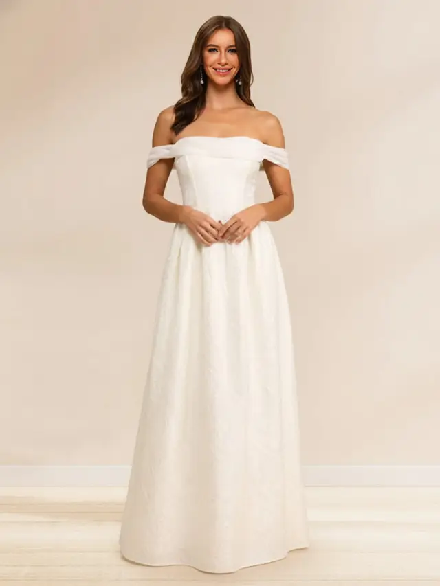 A-Line/Princess Off-the-Shoulder Short Sleeves Basque Waist Prom Dresses with Ruched