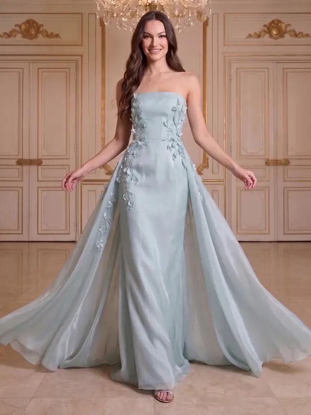 A-Line/Princess Strapless Sleeveless Floor-Length Evening Dresses with 3D Floral
