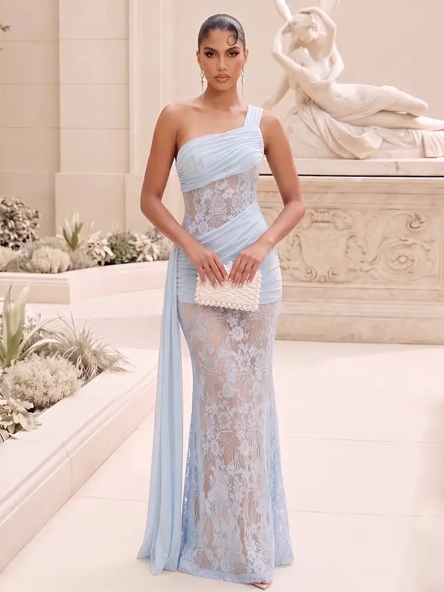 Trumpet/Mermaid One-Shoulder Sleeveless Long Evening Dresses with Ruched & Lace