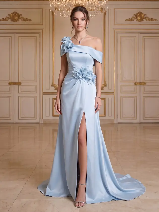 A-Line/Princess Off-The-Shoulder Sleeveless Floor-Length Evening Dresses with 3D Floral & Pleated — LV50998274