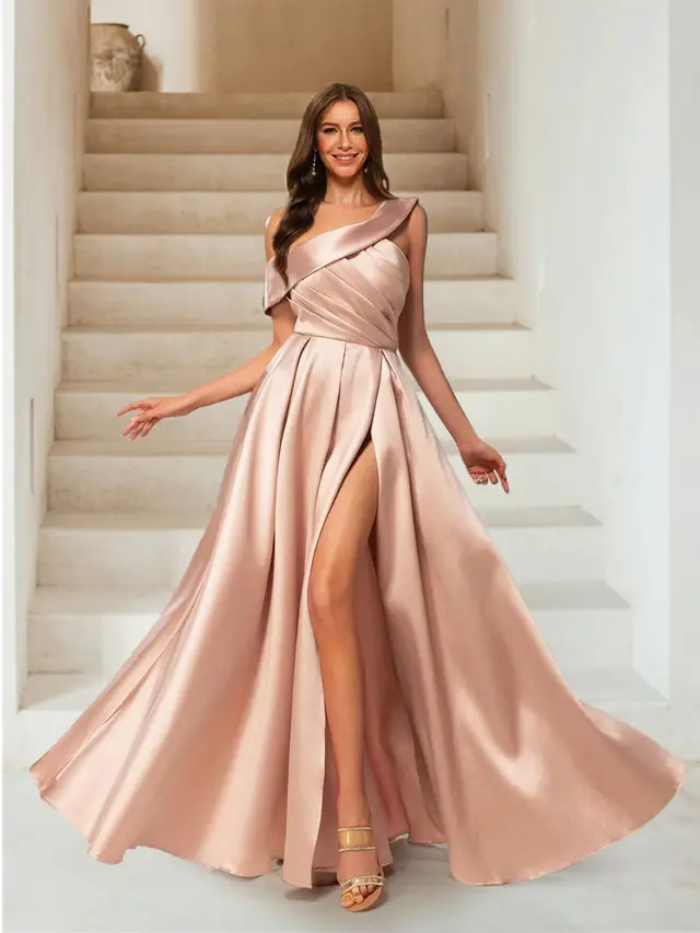 A-Line/Princess One-Shoulder Ruched Floor-Length Evening Dresses with Split Side