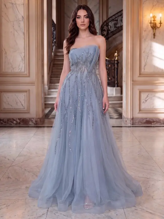 A-Line/Princess Strapless Sleeveless Floor-Length Evening Dresses with Applique & Beading — LV03727106