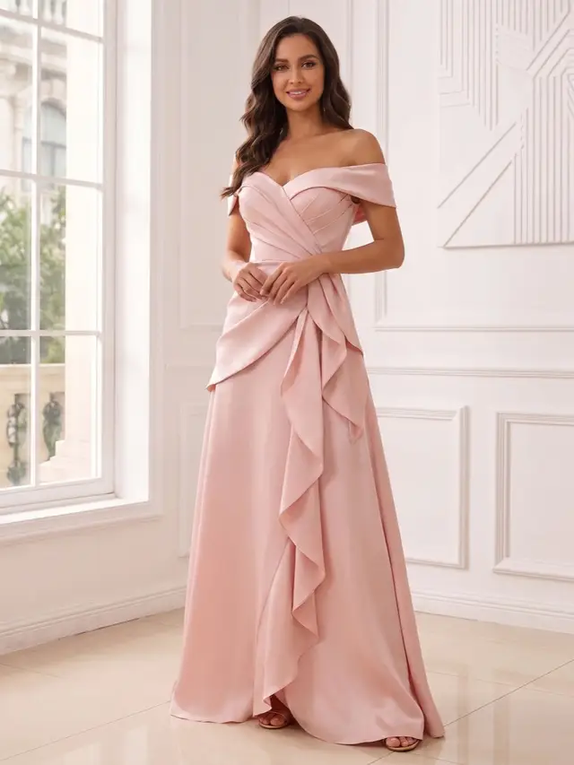 A-Line/Princess Off-The-Shoulder Sleeveless Floor-Length Evening Dresses with Ruffles & Pleated