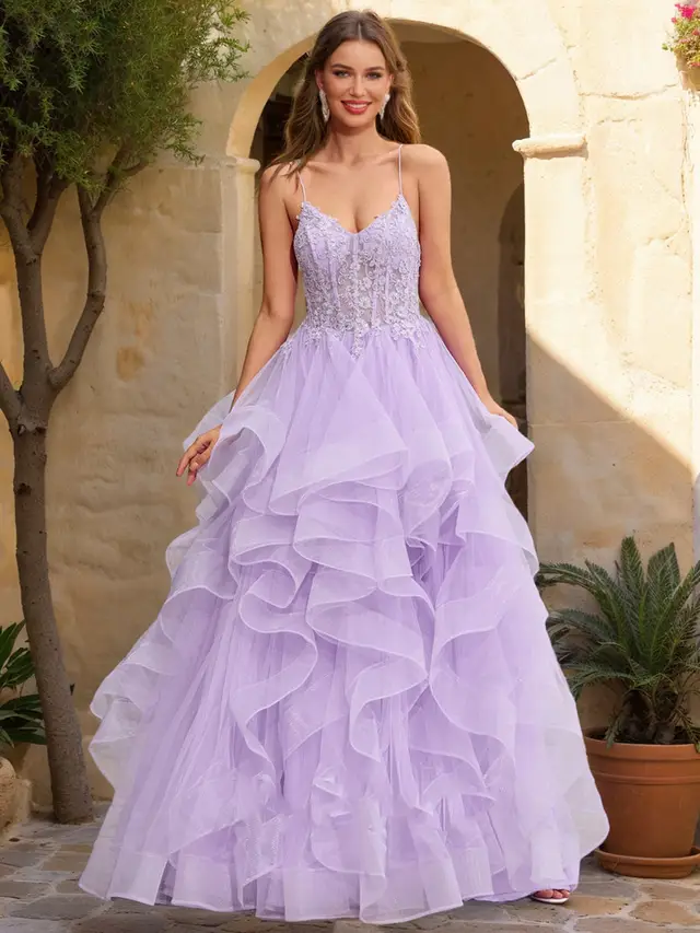 Ball Gown V-Neck Sleeveless Tiered Prom Dresses — LV47495682