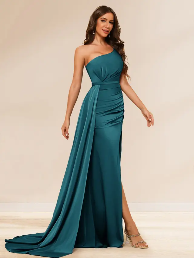Sheath/Column One-Shoulder Long Evening Dresses with Split Side & Ruched — LV35426818
