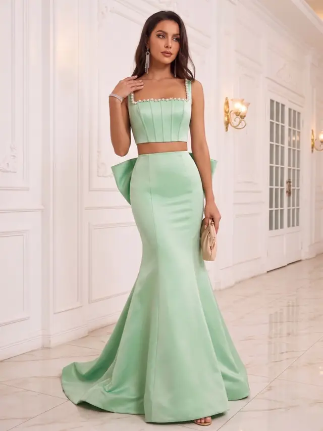 Trumpet/Mermaid Scoop Sleeveless Sweep Train Evening Dresses with Beading & Bowknot