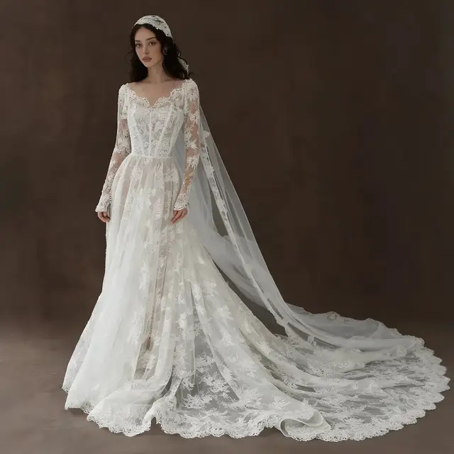 Whimsical Lace V-Neck Long Sleeve with Veil Wedding Dress — SW276