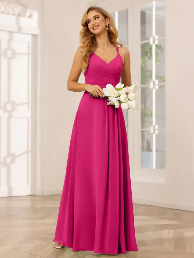 A-Line/Princess V-Neck Sleeveless Floor-Length Bridesmaid Dresses with Ruffles — LV31814453