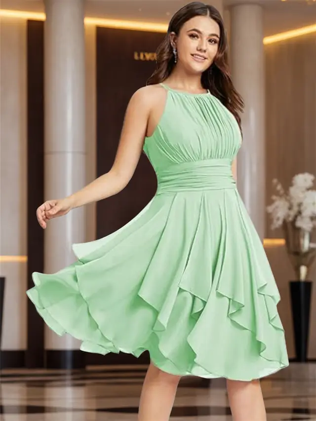 A-Line/Princess Halter Sleeveless Short/Mini Bridesmaid Dresses Chiffon Ruffle Pleated Pockets