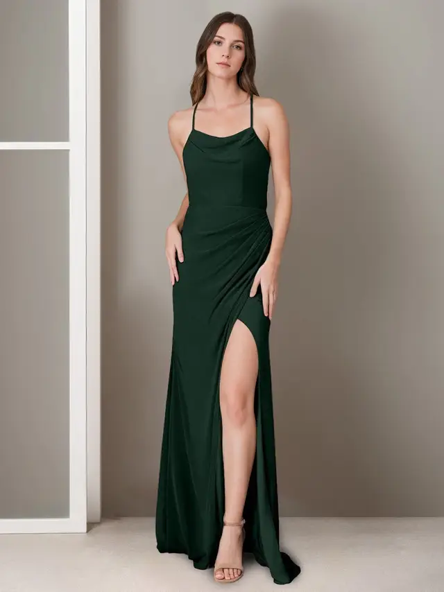 A-Line/Princess Spaghetti Straps Sleeveless Floor-Length Bridesmaid Dresses with Split Side & Ruching