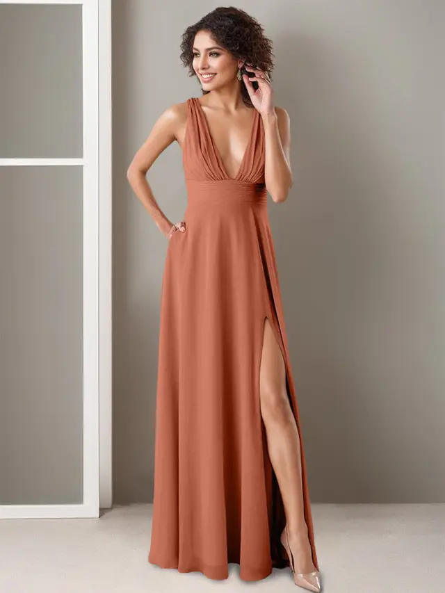 A-Line/Princess Deep V-Neck Sleeveless Floor-Length Bridesmaid Dresses with Split Side & Ruffles