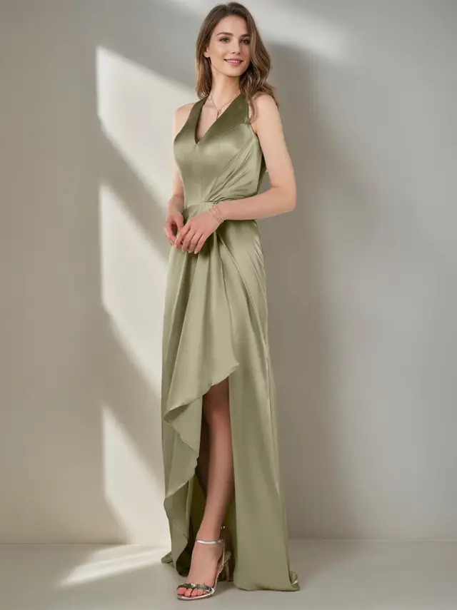 A-Line/Princess V-Neck Sleeveless Asymmetrical Bridesmaid Dresses with Split Side & Ruffles