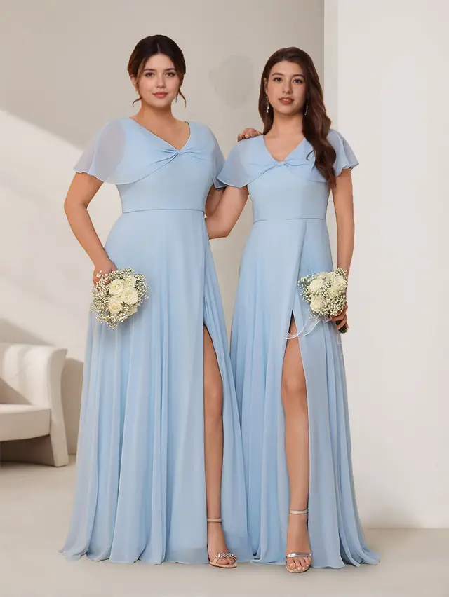 A-Line/Princess V-Neck Short Sleeves Floor-Length Bridesmaid Dresses with Split Side — LV98806069