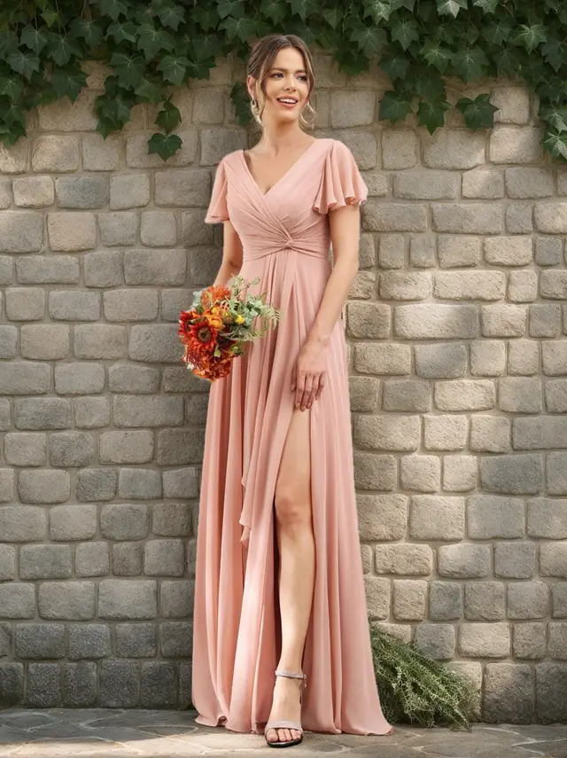 A-Line/Princess V-Neck Short Sleeves Floor-Length Bridesmaid Dresses with Split Side — LV99155765