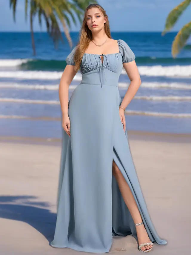 A-Line/Princess Square Neck Short Sleeves Chiffon Plus Size Bridesmaid Dresses with Ruffles & Split Side
