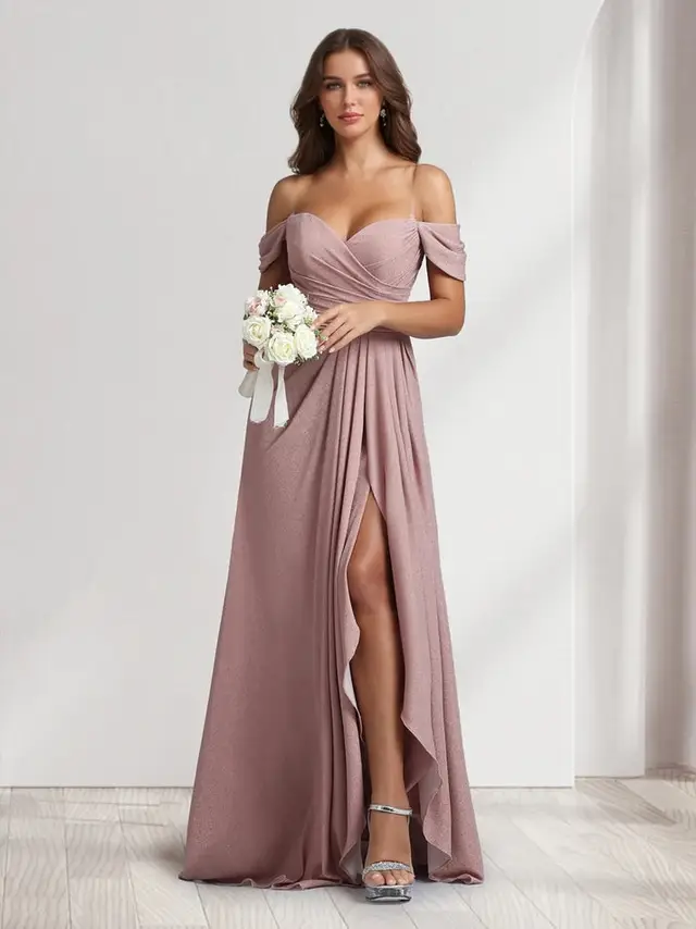 A-Line/Princess Off-the-Shoulder Floor-Length Ruched Bridesmaid Dresses With Ruffles & Split Side