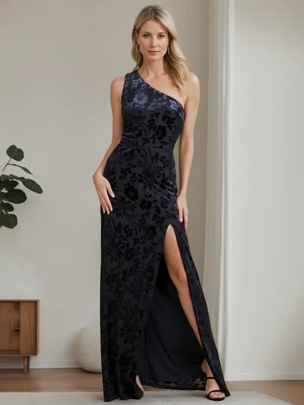 A-Line/Princess One-Shoulder Sleeveless Floor-Length Velvet Bridesmaid Dresses with Split Side