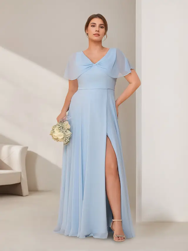 A-Line/Princess V-Neck Short Sleeves Floor-Length Plus Size Bridesmaid Dresses with Split Side