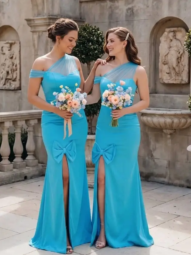 Trumpet/Mermaid Asymmetrical Bridesmaid Dresses With Split Front/Bow Stretch Satin Sleeveless Floor-Length