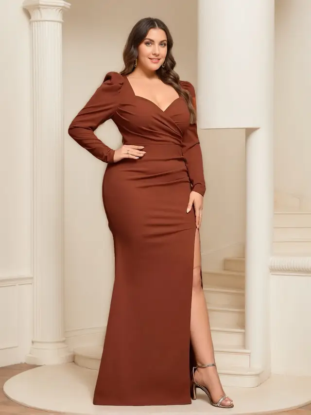 Sheath/Column Sweetheart Long Sleeves Floor-Length Unique Plus Size Bridesmaid Dresses with Split Side & Ruffles