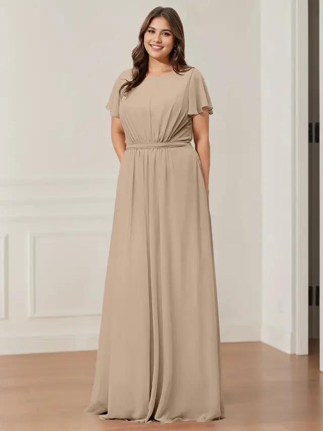 A-Line/Princess Scoop Neck Short Sleeves Floor-Length Bridesmaid Dresses with Pocket & Ruffles